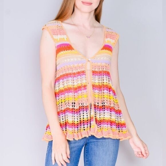 VERY RARE Free People Hippie Rainbow Striped Crochet Knit Cardigan - Picture 1 of 7